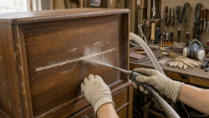 Restauration d'un meuble ancien en bois par aérogommage dans un atelier, avec un outil de projection abrasive et un système d'aspiration des poussières.
