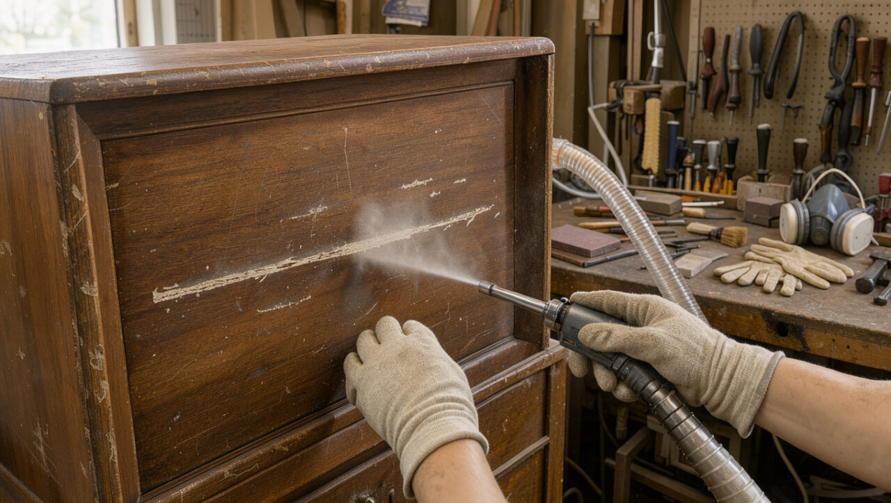 Restauration d'un meuble ancien en bois par aérogommage dans un atelier, avec un outil de projection abrasive et un système d'aspiration des poussières.