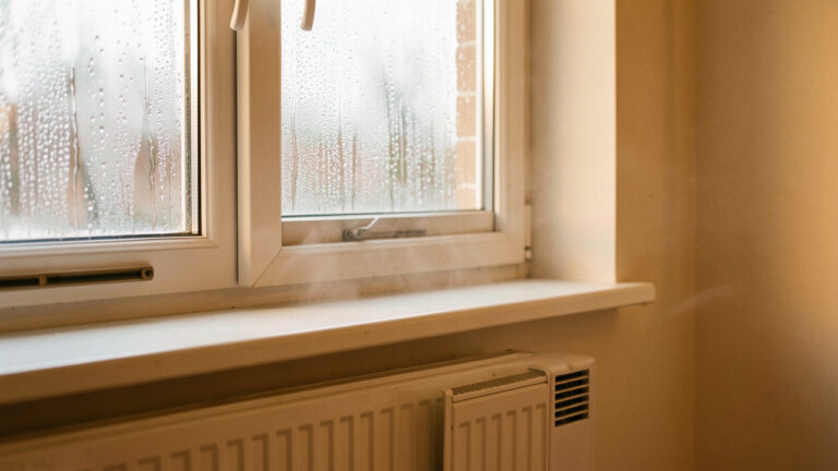 Gouttelettes de condensation sur une fenêtre intérieure au-dessus d’un radiateur, dans une maison chauffée et bien entretenue.