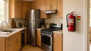 Extincteur rouge compact fixé près de la porte d’une cuisine familiale moderne, dans un intérieur propre et lumineux.