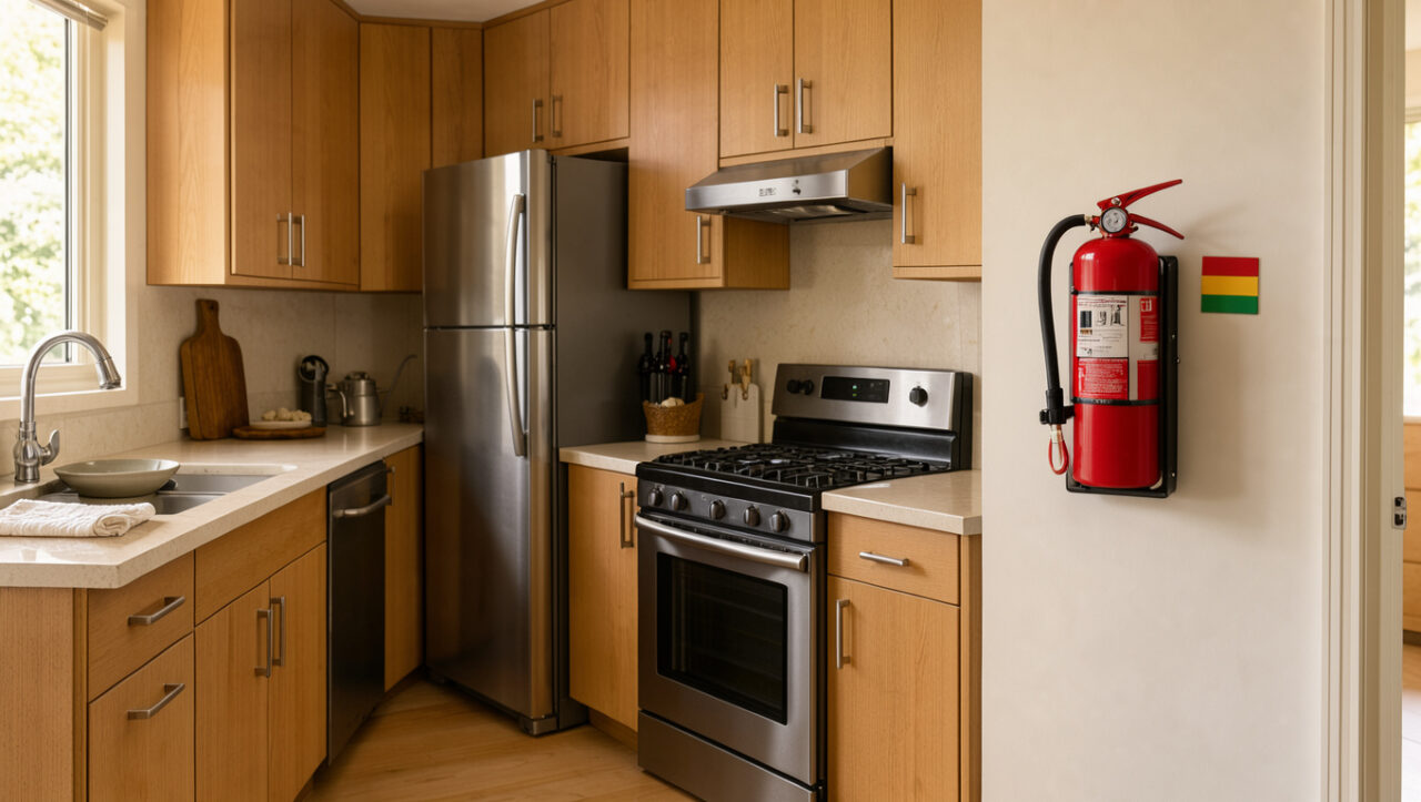 Extincteur rouge compact fixé près de la porte d’une cuisine familiale moderne, dans un intérieur propre et lumineux.