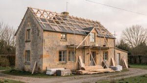 Ancienne maison familiale en pierre à la façade patinée, avec une toiture en cours de réfection et un échafaudage discret, éclairée par une lumière douce.