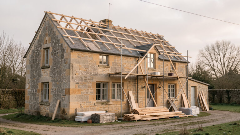 Ancienne maison familiale en pierre à la façade patinée, avec une toiture en cours de réfection et un échafaudage discret, éclairée par une lumière douce.