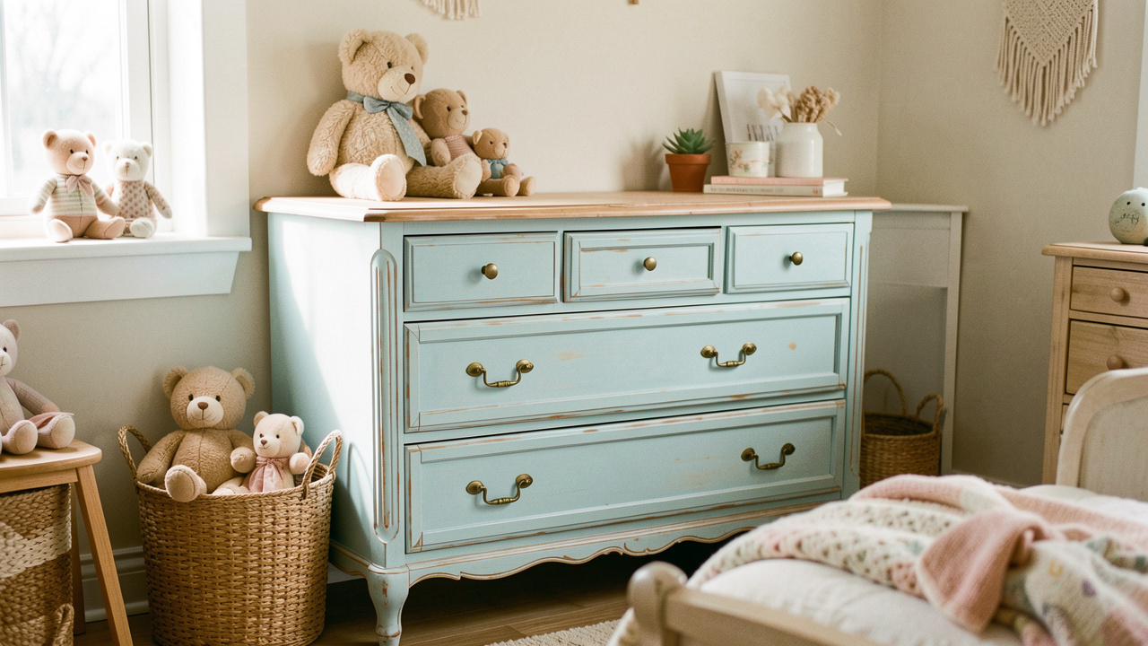 Une ancienne commode en bois restaurée dans une chambre d’enfant chaleureuse, avec une peinture bleu pastel, des jouets et des paniers en fibres naturelles.