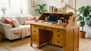 Secrétaire vintage en bois aménagé pour le télétravail dans un salon familial lumineux et chaleureux.
