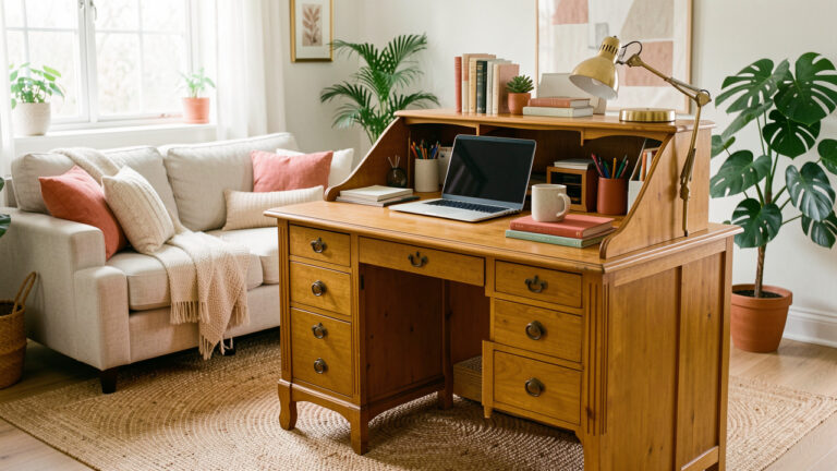 Secrétaire vintage en bois aménagé pour le télétravail dans un salon familial lumineux et chaleureux.