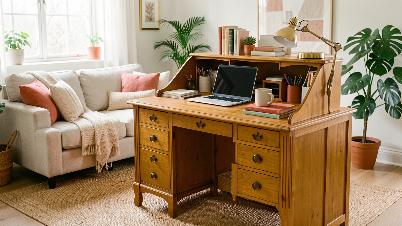 Secrétaire vintage en bois aménagé pour le télétravail dans un salon familial lumineux et chaleureux.